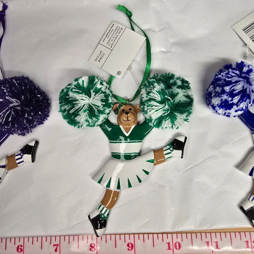 Set of 3 Santa's‎ Best Cheerleader Bear Ornaments Purple Green Blue Pom Poms